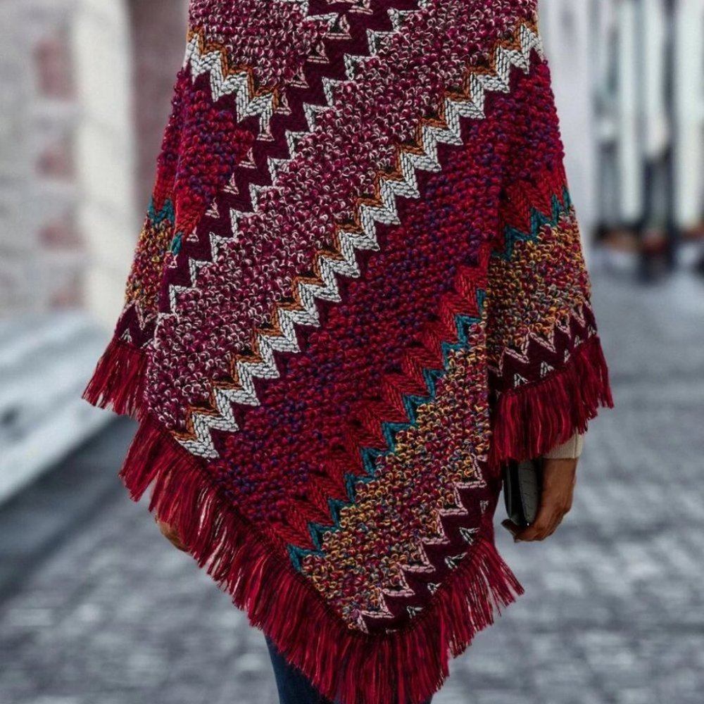 Chevron Fringe Hem Poncho Sweater multi color - Picture 4 of 7